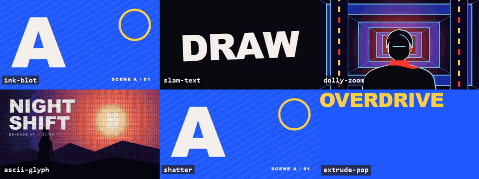 Six of the library's effects playing: ink blot, slam text, dolly zoom, ASCII glyph filter, shatter and extruded type